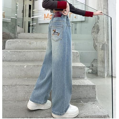 Girl's Star Applique Straight Wide Leg Denim Pants Striped Bow Rise Jeans with Pocket Y2K Streetwear 4-15 Years4