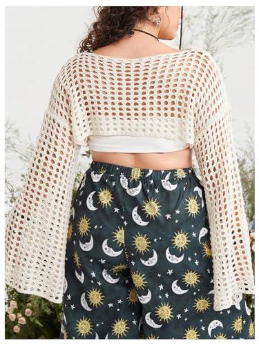 Women's Plus Size Hollow Out Crop Sweaters Long Sleeve Boat Neck Crochet Tops Cover Up2