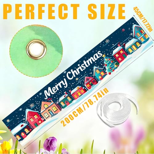 Image of Christmas Village Banner 78.7 x 17.7 Inch Snowy Town Scene with Colorful Houses and Tree Design Holiday Decoration for Yard Garden Fence Porch Patio Wall or Outdoor Display Perfect for Winter Celebration Decor