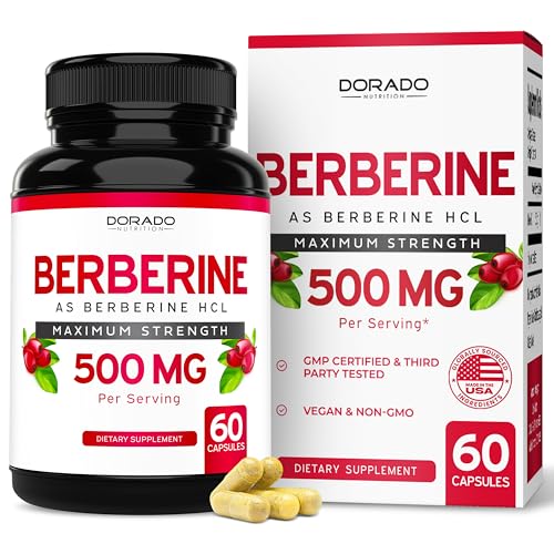 Berberine Supplement 500mg Per Serving (60 Capsules) Berberine HCL for Gut Health Support for Men and Women - Premium Supplements for Adults - Third Party Tested - Vegan Capsules & USA Made