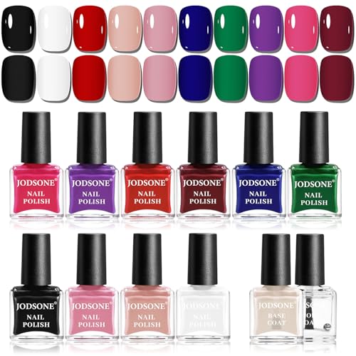 JODSONE Juego de 12 esmaltes de uñas con 10 colores combinados, 2 bases y top coat, esmalte de uñas de secado rápido para bricolaje hasta principiantes.