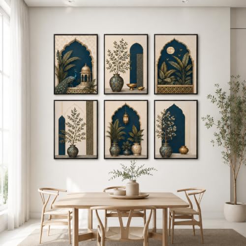 Image of Artsense Mughal Botanical Wall Art Set of 6 | Royal Peacock Arch Floral Decorative Paintings | Traditional Indian Palace Aesthetic Wall Decor for Living Room Bedroom Office