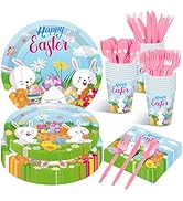 Jremreo 175 Pcs Easter Day Tableware Set - Serves 25, Happy Easter Bunny and Egg Disposable Plate...