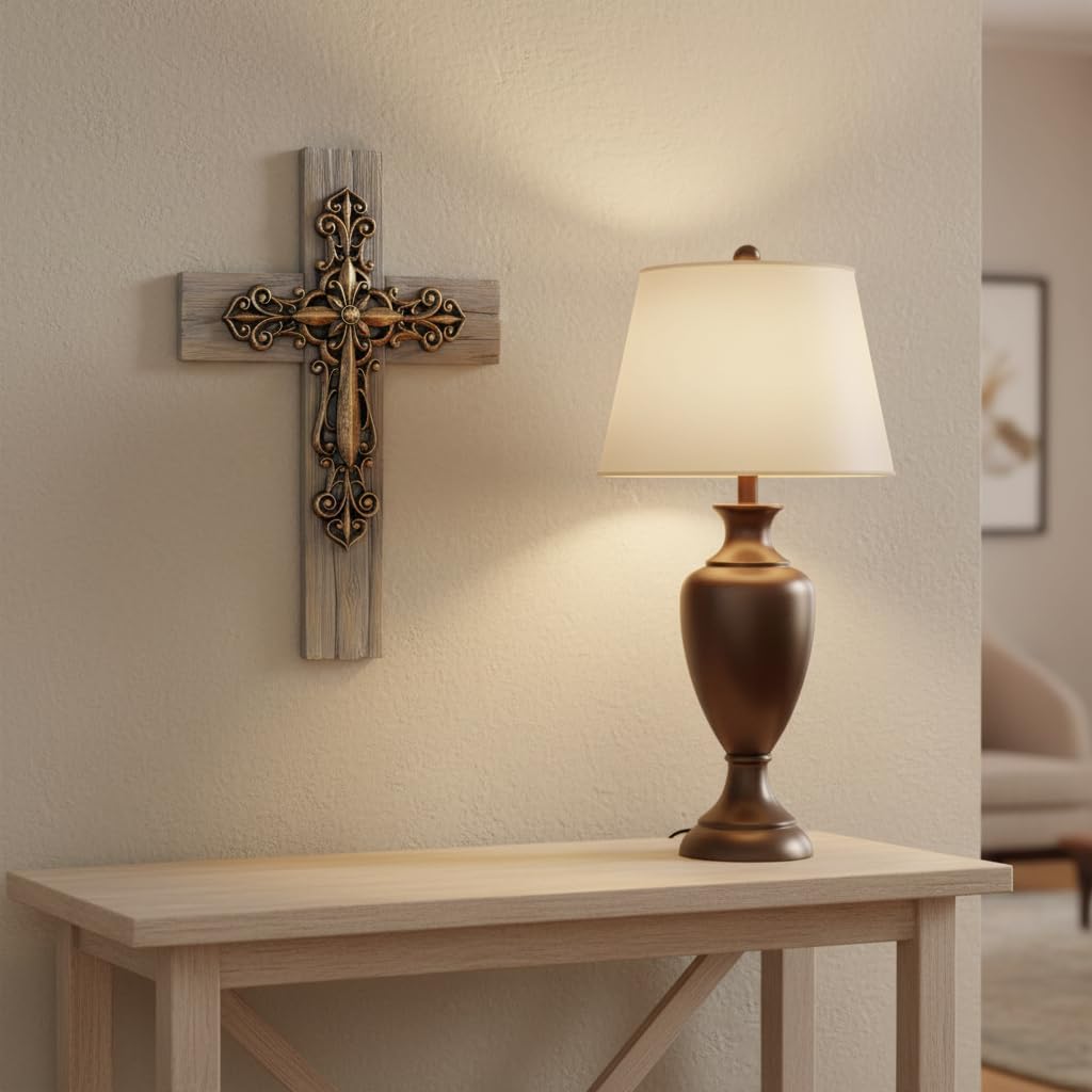 Comfy Hour 13" Decorative Layered Wall Cross, Antique Style Copper Tone Cross on Rustic Wood Look Base, Artisan Crafted Resin Plaque for Home and Office Wall Art