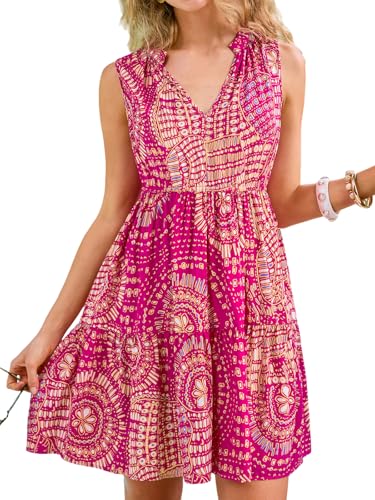 Image of CUPSHE Women's Ruffle Beach Mini Dress Split V Neck A Line Sleeveless Geometric Stripe Tropical Leaf Pattern Summer Dresses