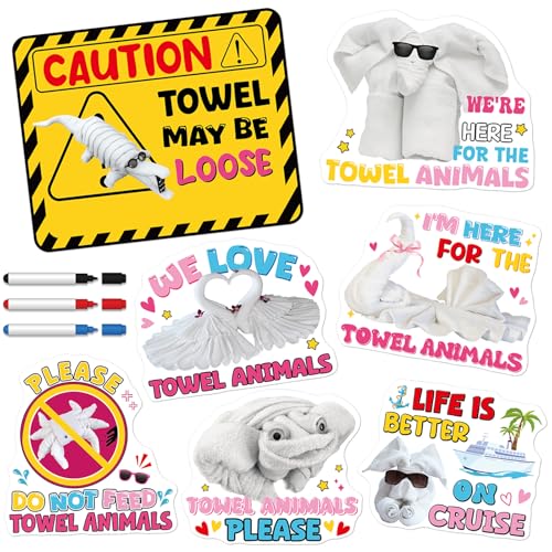Image of Dazoratix Towel Animals Cruise Magnets - 7 Pcs Large Funny Ship Cabin Door Decoration Magnetic Sea Navigation Anchor Stickers Decals with Pens for Stateroom Whiteboard Accessories Carnival Party Decor