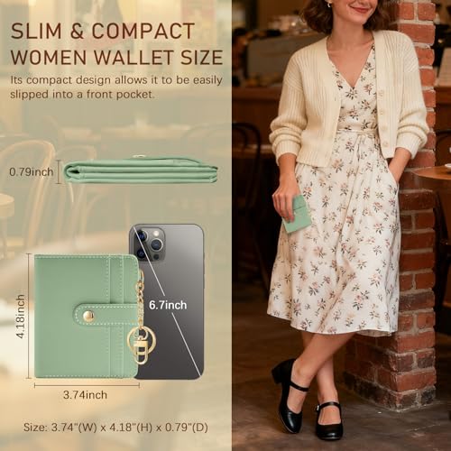 Image of Jogjam Green Rfid Ladies Wallet, Small Slim Thin Compact Credit Card Women Wallet, PU Leather Bifold Cash Zipper Coin Pocket ID Window for Female