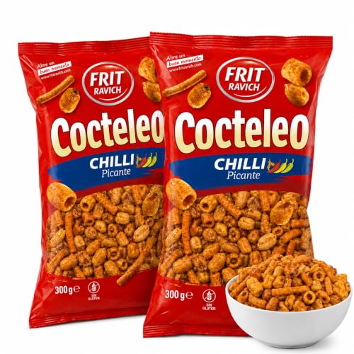Cocktail Frutos Secos Chilli picante sin cascara, Cóctel de maíz y productos de aperitivo aromatizados, cacahuetes, habas, garbanzos y maíz gigante, Sin Gluten, Contiene 2 unidades de 300 g