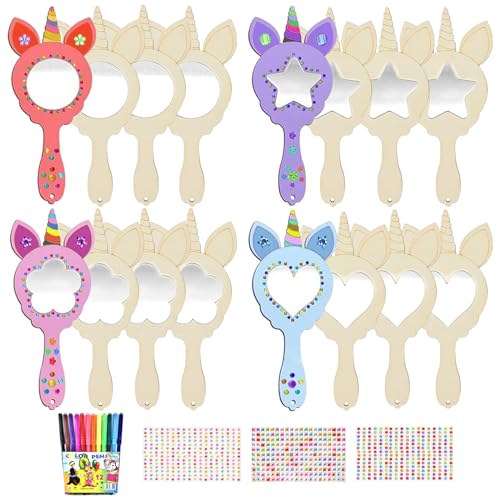 Zkaoai Einhorn Bastelset Holzspiegel Holz Basteln Einhörner Holzspiegel zum Bemalen, Einhorn Spiegel Basteln Diy Holzspiegel Handwerk Mädchen Geschenk Party