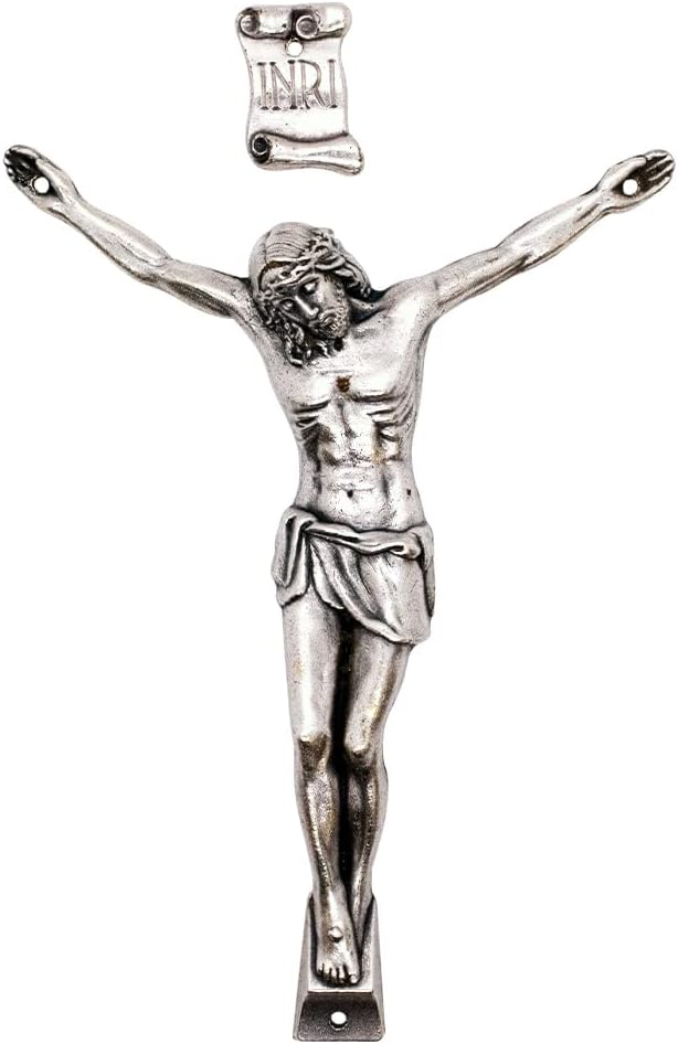 Silver-Tone Metal Corpus and INRI Sign | Make a Custom Crucifix | DIY Catholic Home Devotional Dรฉcor | Detailed Figurine of Jesus with Crown of Thorns and Arms Outstretched (3.75 Inch)
