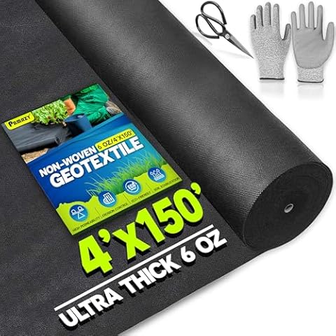 PAMAZY [Premium] Non Woven 6oz 4x150ft Geotextile Fabric (Gloves & Scissors Included), Heavy Duty Drainage Fabric for French Drains, Landscaping, Driveway, Weed Control, Construction, Underlayment Cover