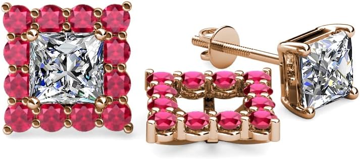 Ruby Halo Jackets for Princess Stud Earrings 0.76 ctw 14K Gold