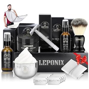 Shaving Kit for Men – The Ultimate Secret Santa Gift Set, Includes Safety Razor, Sandalwood Shaving Cream, Aftershave, Pre Shave Oil, Brush, Bowl & Apron Bib – Unique Gifts Set for Him Husband Dad
