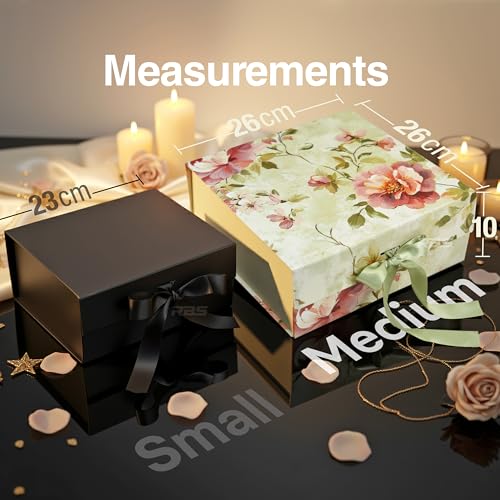 Image of RBS - MEDIUM Gift Box (26x26x10cm) Decorative Gift Packing Box with Ribbon (1 Pack) Holds Upto 8 kg Hamper Boxes for Gift Empty All Occasions Reuse Gift Box for Packaging (M-Petals & Promises)