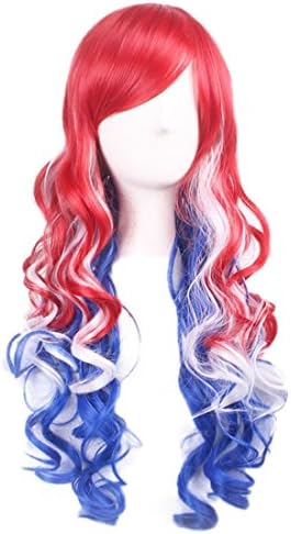 Red White and Blue Wig for 4th of July, Long Wavy Wigs for Women American Flag Wig for Independence Day Memorial Day Halloween Party Cosplay