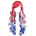 Long Wavy Cosplay Wig Womens Costume Harajuku Party Wig (Red Blue and White)