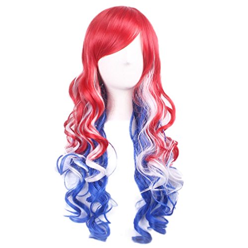 OMORFIEER Long Wavy Wigs for Women American Flag Wig 4th of July Costume Wig Red White and Blue Wigs