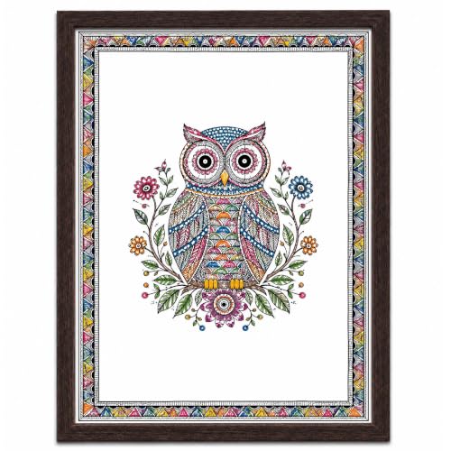 Image of PAPER PAJAMA Owl Wall Art for Living Room | Madhubani Owl Painting | Colorful Folk Art Bird Artwork Framed Decor for Home, Office & Study Room (10x13 Inches)