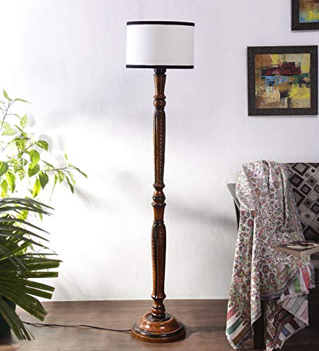 Image of Devansh Off White & Black Cotton Drum Designer Fashionable Wooden Carving Floor Lamp for Home Decor (Off White & Black, Medium)