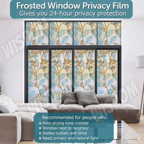 Image of WISDOM Privacy Window Film Frosted Glass Film Glass Film No Glue Anti-UV Window Sticker Non Adhesive for Privacy Office Meeting Room Bathroom Living Room (Leaf Blue Flower, 12 x 80 inch)