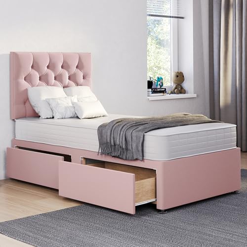 ComfoRest - Luxurious 3FT Single Divan Bed with Mattress, 24" Chester Headboard & 2 Spacious Drawers | Elegant Design with Storage for Modern Bedrooms (Pink Plush)
