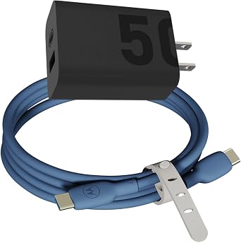 Motorola TurboPower 50W Dual Port Charger + Blue Silicone Cable Bundle