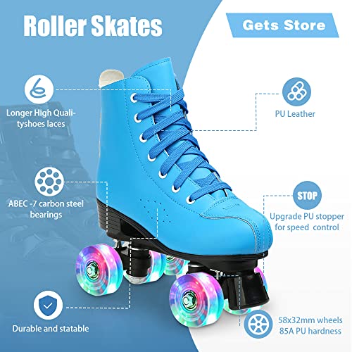 Women's Roller Skates Pu Leather High-Top Roller Skates Four-Wheel Roller Skates Double Row Shiny Roller Skates For Indoor Outdoor (Blue Flash,42-Us: 9.5) #TOP2