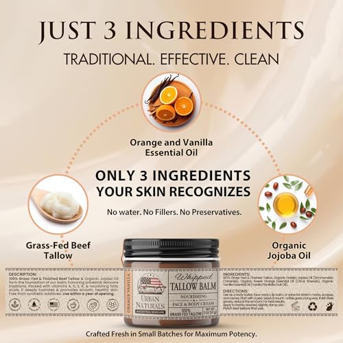 Urban Naturals Handmade Whipped Tallow Balm (Orange Vanilla) 100% Grass-fed Organic Beef Tallow Skin Cream Moisturizer for Face with Jojoba Oil, for Eczema, Baby - Made in USA