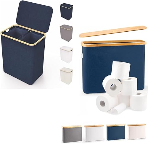 Lonbet Cestas de lavandería grandes con tapa, 100 litros, azul, material de bambú, asas, plegables, portátiles