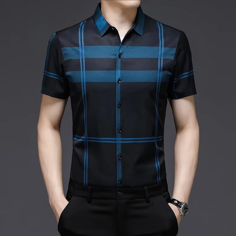 Mens Business Casual Short Sleeve Shirt Plaid Button Up Work Office Classic Style