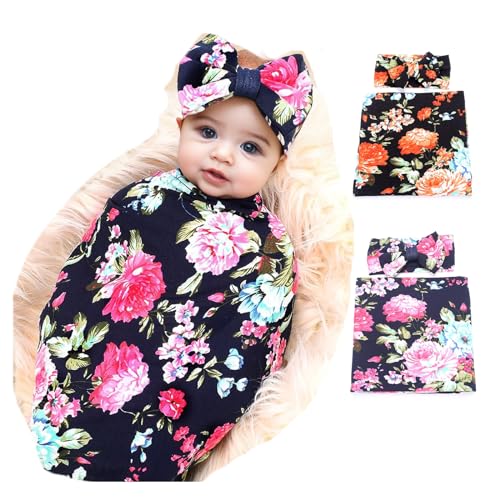 Image of Galabloomer Receiving Blanket Headband Set Flower Print Baby Swaddle Receiving Blankets