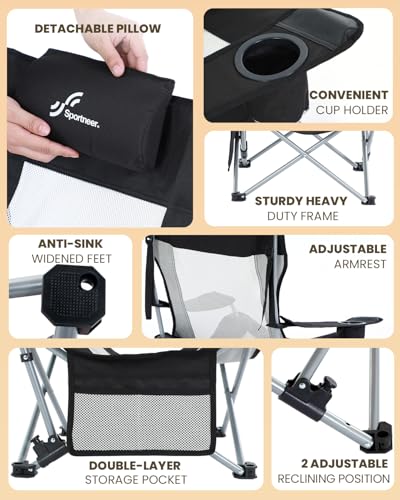 Sportneer Beach Chair: Adjustable Folding Chair with Cup Holder & Side Pocket - Portable & Compact Beach Chairs for Adults with Reclining Positions for Camping Picnic and Outdoor, Black - Thumbnail 6