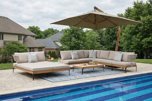 PURPLE LEAF 7 Pieces Patio Furniture Set with Daybed Tables Outdoor Wicker Sectional Conversation Sets Modern Aluminum L Shaped Sofa for Balcony Yard Garden Poolside, Cushions and Pillows Included