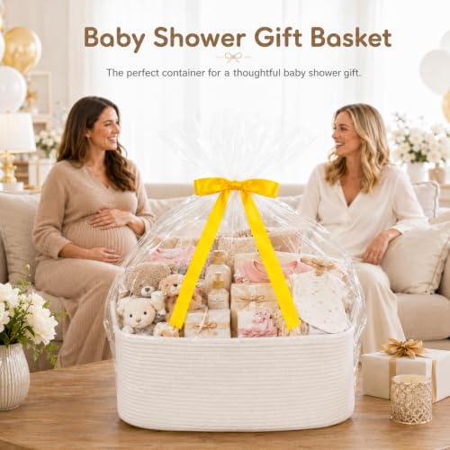 Image of OIASKET Large Empty Cotton Rope Gift Basket with Handles, 18.9 inchx13.8 inchx7.8 inch Decorative Woven Storage Basket with Gift Bag and Ribbon Set for Baby Shower, Toy Organizer for Kids, Dogs & Cats - White