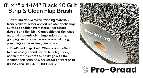 Image of 8 inch x 1 inch Black 40 Grit Extra Coarse Non-Woven Bench Grinder Strip & Clean Flap Brush Wheel, Metal Graining, Stripping, Rust & Paint Removal, Compatible for 1 /2 inch, 5 /8 inch, 3 /4 inch, 1 inch, 1-1 /4 inch Arbor