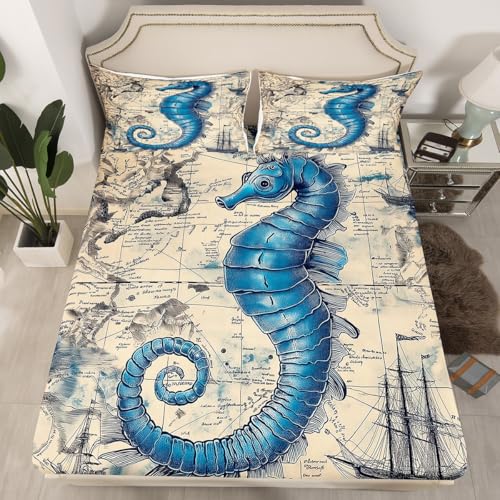 Loussiesd Juego de sábanas bajeras para niños y niñas, diseño de caballito de mar, brújula, ancla, vintage, retro, decoración de habitación, funda de cama con bolsillo profundo, sábana superior no