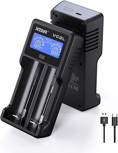XTAR 21700 Battery Charger VC2L 18650 Charger 2 Slot 2025 Version with LCD Display Max 2A Rechargeable Liion and AA Charger Not Included Any