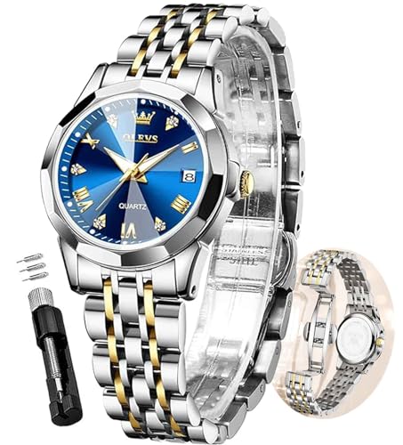 OLEVS Blue Womens Watches Analog Quartz Small Dial Ladies Watches Diamond Two Tone Stainless Steel Watches for Women Easy Read Roman Numeral Day Date Silver Dress Female Watch