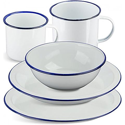 Highlander Outdoor Products Vintage Style Camping White Enamel Camping Festival Traditonal Lightwight Cup Bowl Plate (1 x Mug 560ml, 1 x Deep Plate & 1 x Bowl Set) Cover