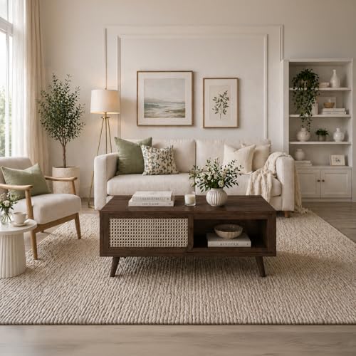 Image of The Attic INES Coffee Table for Living Room, Solid Wood Centre Table with Cane with Sliding Doors, Walnut Finish