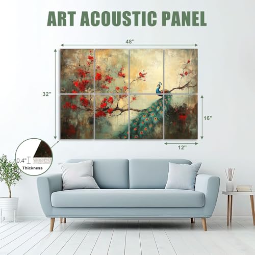 8 Pack Paneles Acústicos Artísticos Absorbentes de Sonido con Diseño de Plumas de Pavo Real y Flores de Cerezo Modernas, Auto adhesivos 48"x32" miniatura 2