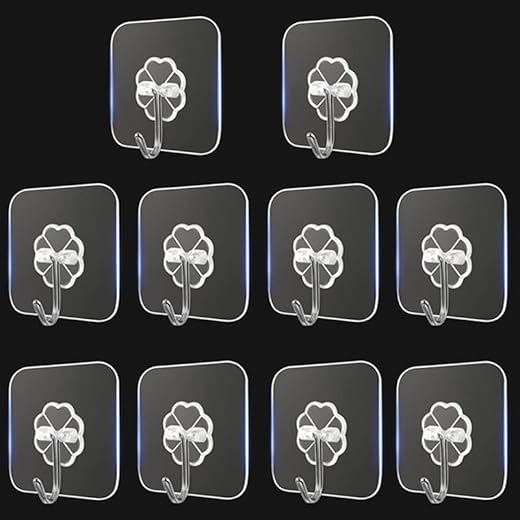 10 Pack Self Adhesive Hooks Self Sticky Wall Hooks for Hanging Clear Removable Shower Hook for Keys, Bathroom, Shower, Outdoor, Kitchen, Door, Home Improvement, Utility