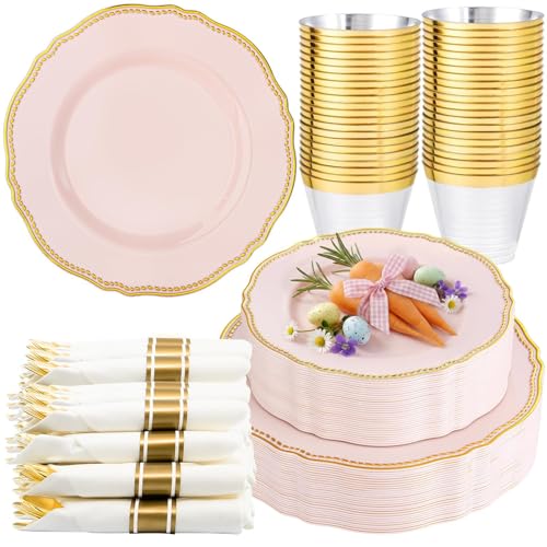 Hioasis 175pcs Pink and Gold Plastic Plates - Pink Plastic Dinnerware Set Includes 25 Dinner Plates 25 Dessert Dinnerware 25 Cups 25 Napkins Perfect for Wedding & Easter