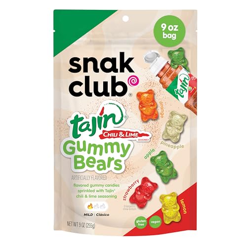 Snak Club Tajin Gummy Bears, Assorted Fruit Candy Gummies with Chili and Lime Seasoning, Mild,...
