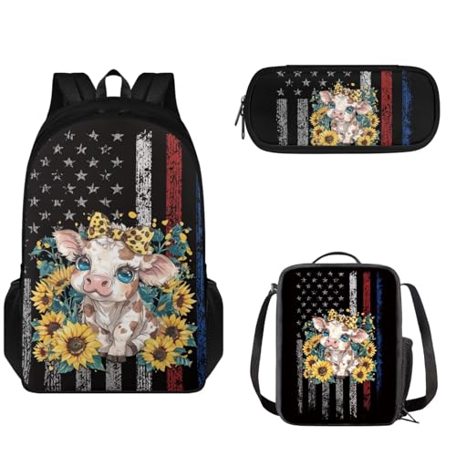 Tomeusey Ensemble cartable 3 en 1 pour enfants, filles, garçons, grande capacité, double fermeture éclair, sac à dos de voyage, sac à déjeuner isotherme, trousse à crayons, Drapeau Américain Cochon
