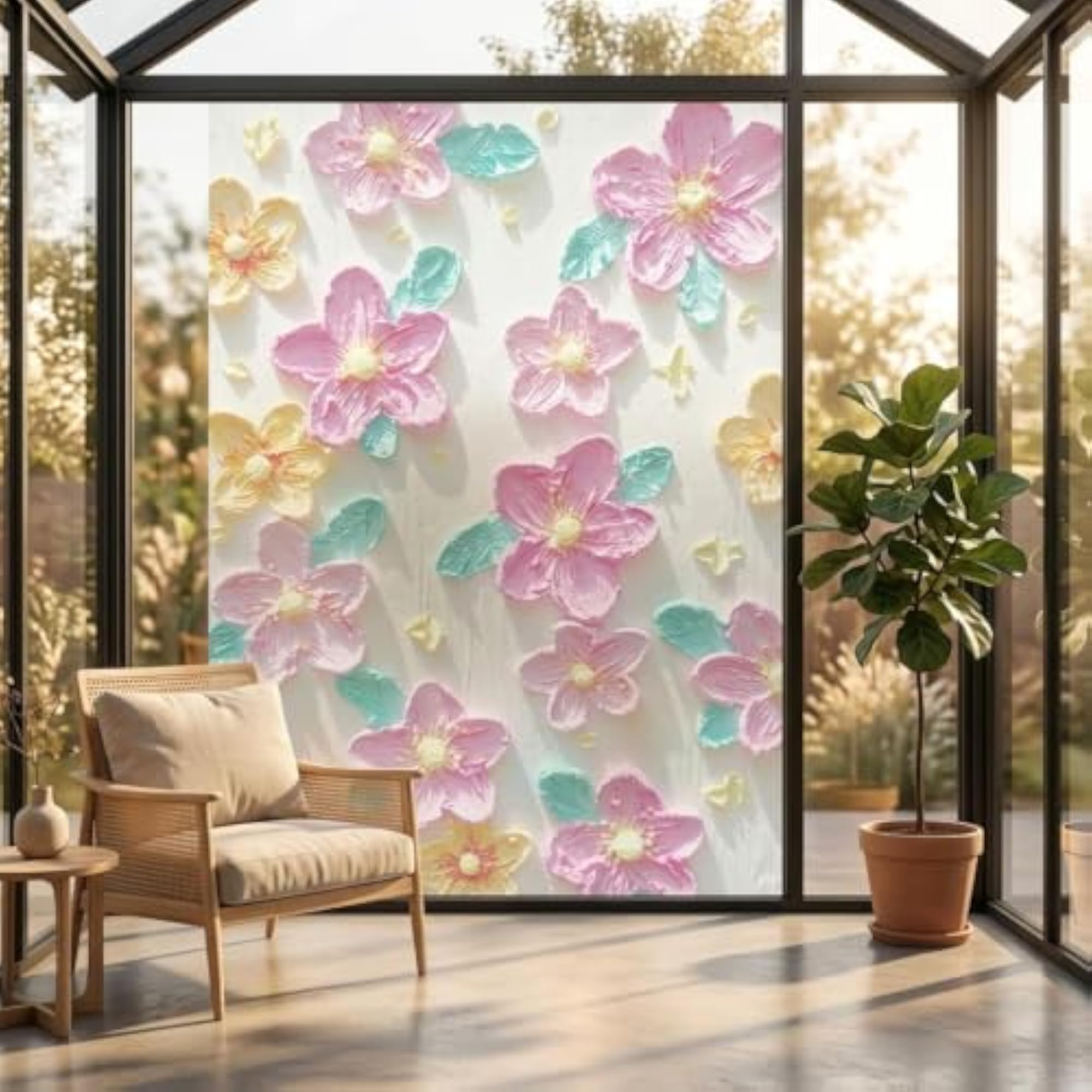 Window Film Privacy for Home Office, Oil Painting Style Flower Pattern