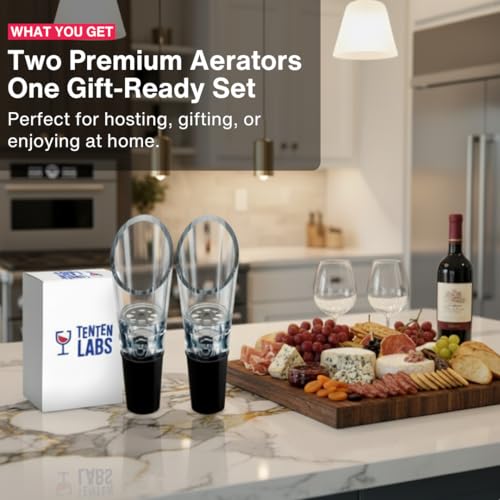 Wine Aerator Pourer (2-Pack) by TenTen Labs - Premium Red Wine Decanter Set for Wine Bottles - No Drips or Spills - Improves Taste and Smell Immediately - Gift Box Included - Black