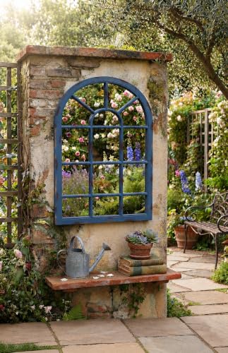 Image of DEENZ Arched Top Window Pane Style Wall Hanging Garden Mirror Blue Rustic Grid Plastic Framed Indoor & Outdoor Vintage Décor Large Home Display 69x34Cm