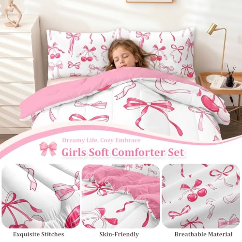 HICAND Girls Pink Bow Twin Bedding Set, Cherry Bowknot Princess Comforter Set for Girls Room Decor, Cute Pink Bows Comforter Sets with 2 Pillowcases — view 2