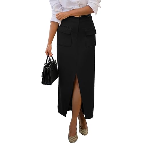 KIRUNDO Women's High Waisted Cargo Midi Skirt Trendy Summer Pencil Slit Dressy Casual Business Work Skirts with Pockets